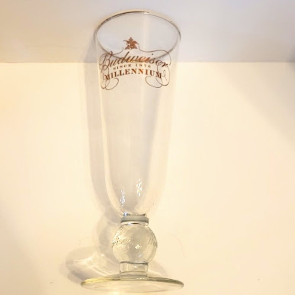 MILLENNIUM BUDWEISER FOOTED BEER GLASS WITH GOLD RIM
